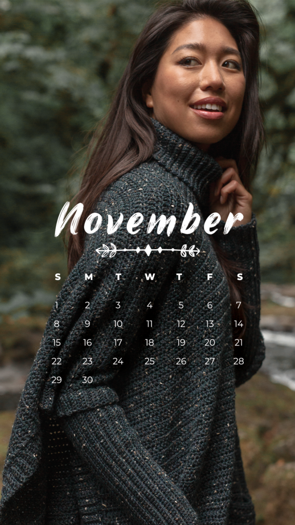 November 2020 calendar featuring a model wearing a crocheted poncho