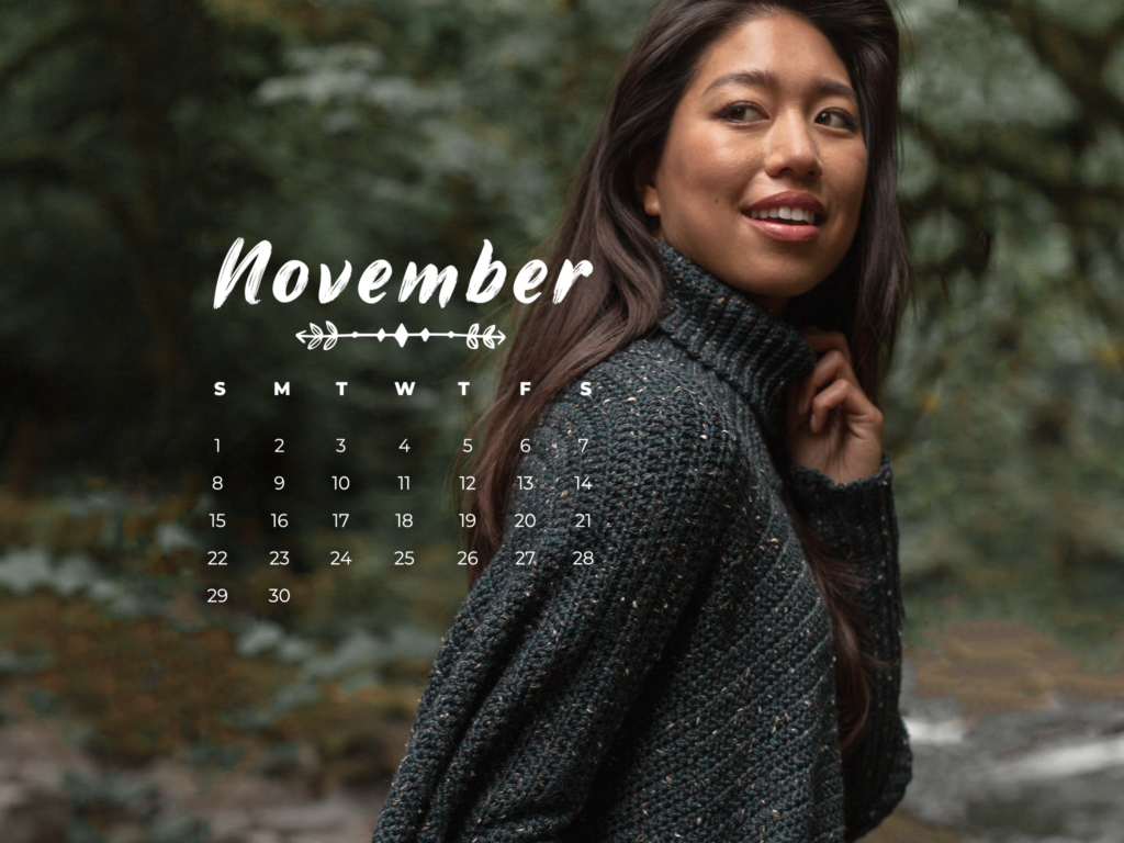 November 2020 calendar featuring a model wearing a crocheted poncho
