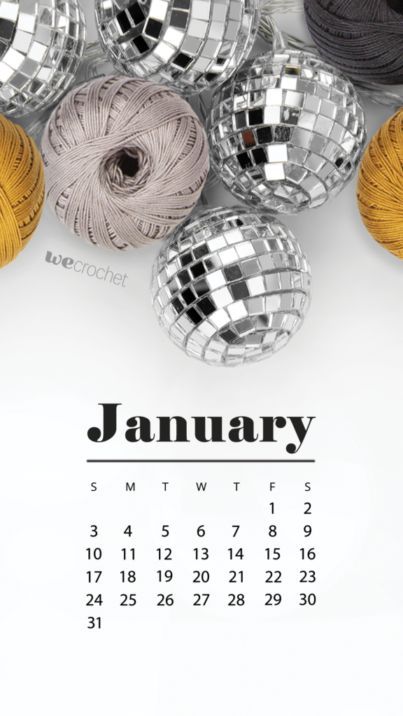 January 2021 Calendar featuring disco balls and yarn balls