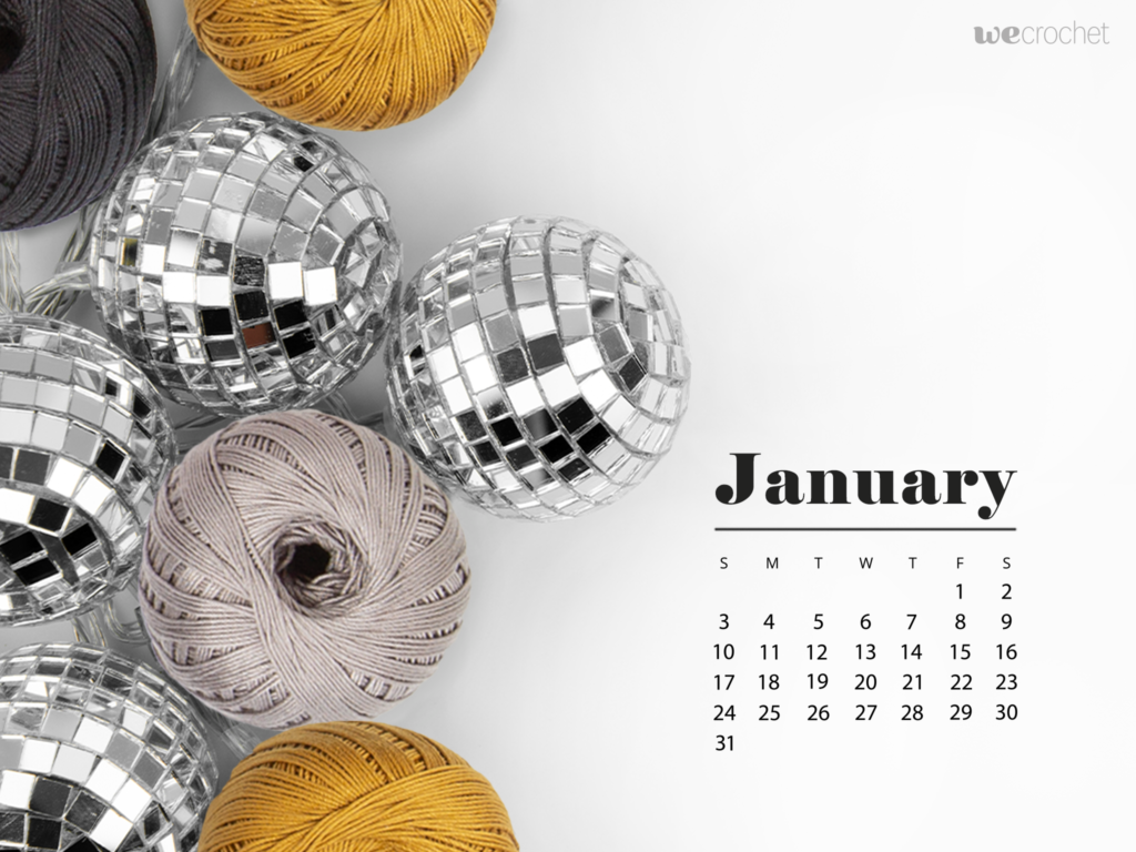 January 2021 Calendar featuring disco balls and yarn balls