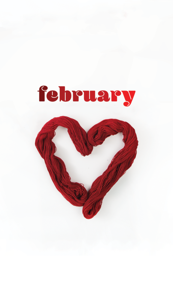 A white background two skeins of red yarn twisted into a heart shape & the word February in red.