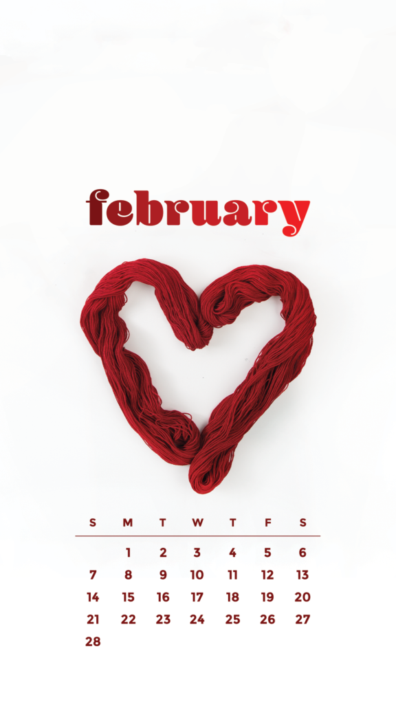 A February 2021 calendar with a white background two skeins of red yarn twisted into a heart shape