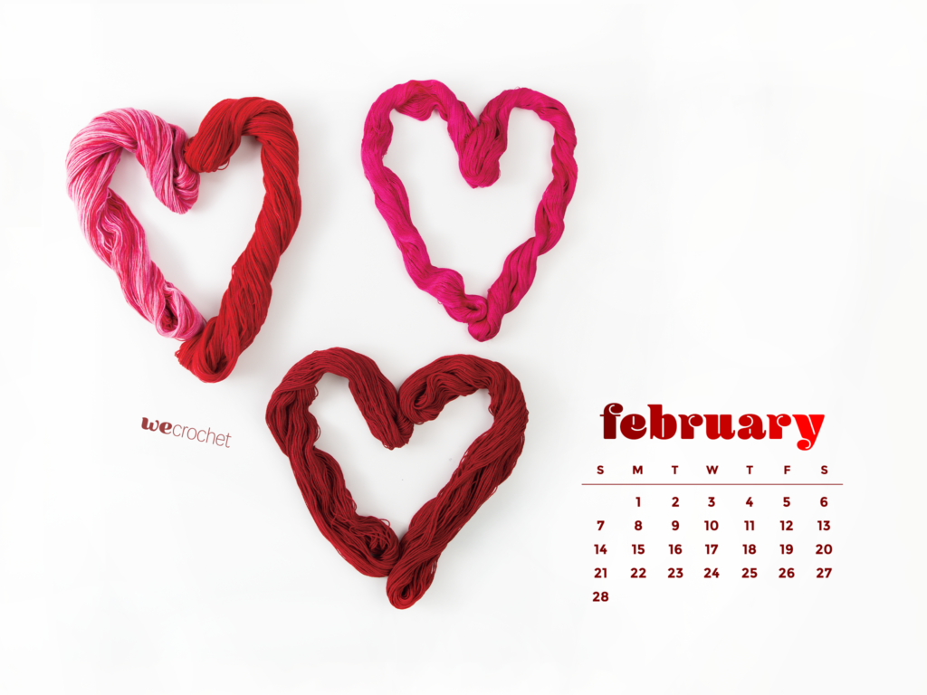 A February 2021 calendar with a white background and three skeins of red and pink yarn twisted into heart shapes