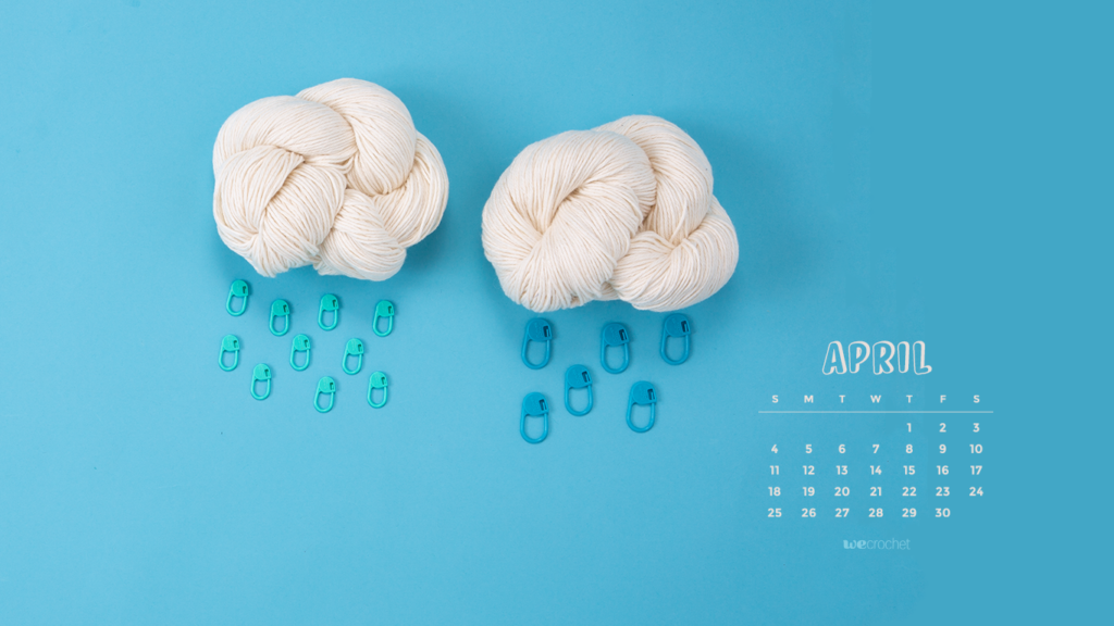 On a bright blue background, two cream-colored hanks of yarn are twisted into the shape of clouds, with blue and green stitch markers arranged below them to look like raindrops. In white text, an April 2021 calendar & the WeCrochet Logo.