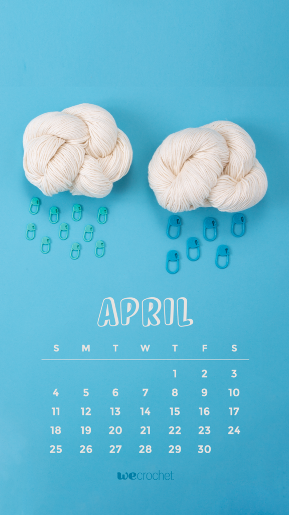 On a bright blue background, two cream-colored hanks of yarn are twisted into the shape of clouds, with blue and green stitch markers arranged below them to look like raindrops. In white text, an April 2021 calendar & the WeCrochet Logo.