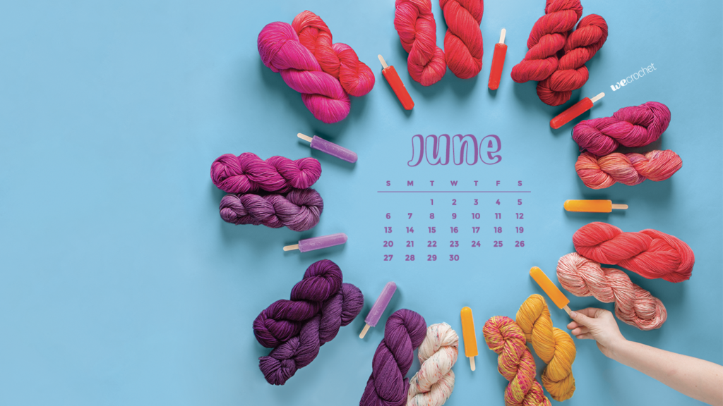 On a blue background, a ring of colorful yarn ranging from purple to pink to red to orange along with matching popsicles. A June 2021 calendar in the center of the circle.