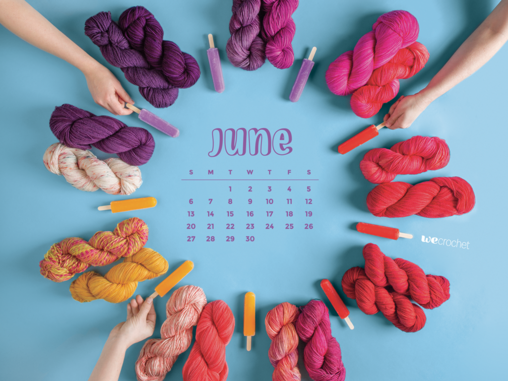 On a blue background, a ring of colorful yarn ranging from purple to pink to red to orange along with matching popsicles. A June 2021 calendar in the center of the circle.