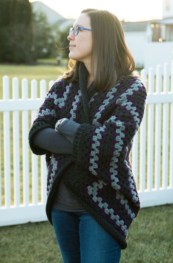 Katelyn wearing a granny stitch shrug