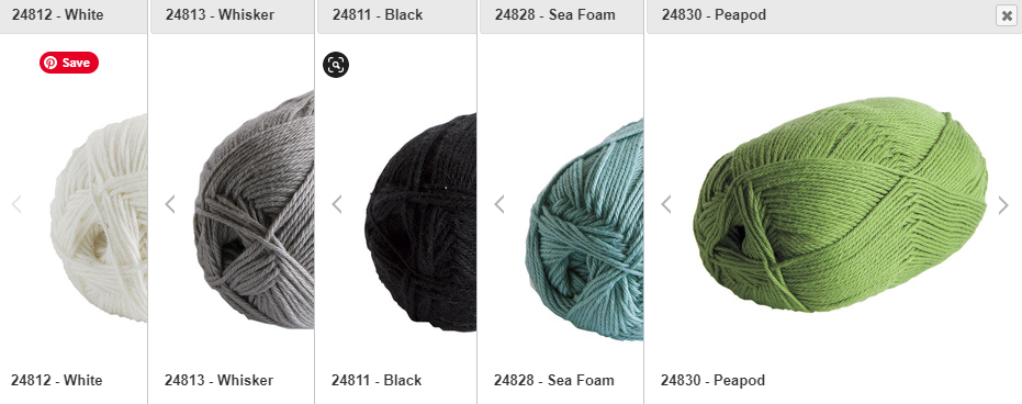 A color palette consisting of five balls of yarn in the following colors: White, Whisker (gray), Black, Sea Foam (aqua), Peapod (bright green)