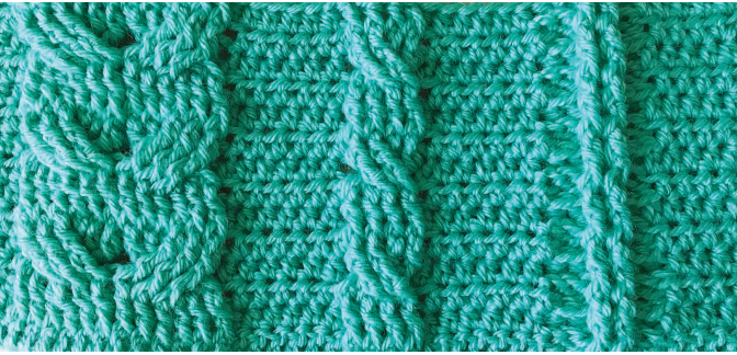 3 different types of cables: fishtail, 2x2 cables, and textured stripes