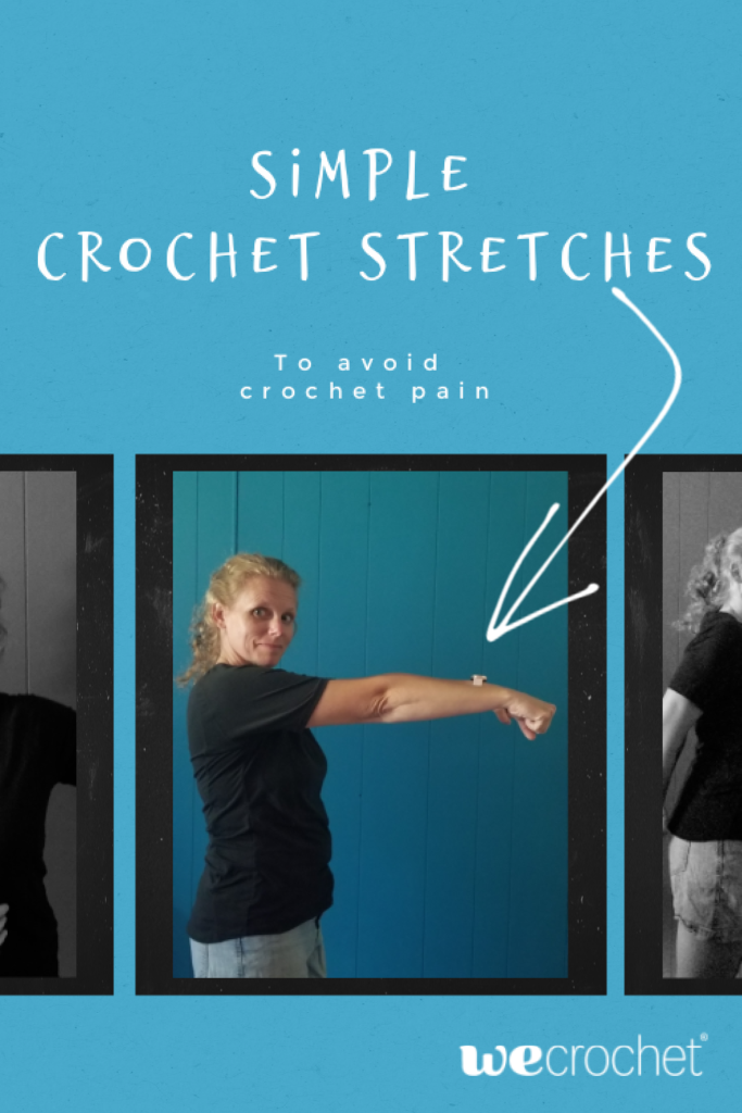 Simple crochet stretches to avoid crochet pain. An image of a woman stretching her arm.